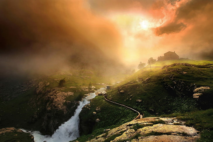 pittura astratta marrone e bianca, natura, paesaggio, montagne, nuvole, nebbia, fiume, casa, Italia, Sfondo HD
