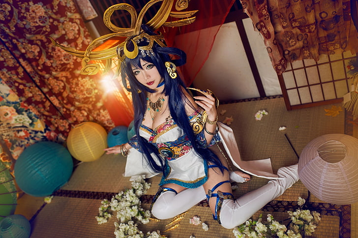 white, chest, look, girl, light, decoration, flowers, face, pose, style, background, room, feet, hair, interior, stockings, hands, makeup, figure, brunette, hairstyle, costume, purple, lantern, outfit, floor, neckline, image, legs, Asian, hip, sitting, blue, cosplay, long-haired, headdress, claw, HD wallpaper