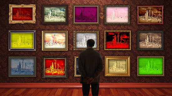галереи, рамы для картин, стена, разноцветные, люди, HD обои HD wallpaper