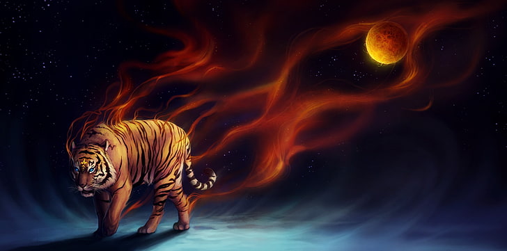 tiger wallpaper, tiger, fire, planet, art, sanguisgelidus, HD wallpaper