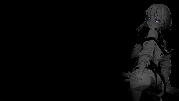 selective coloring, black background, dark background, simple background, anime girls, Cyberpunk: Edgerunners, HD wallpaper