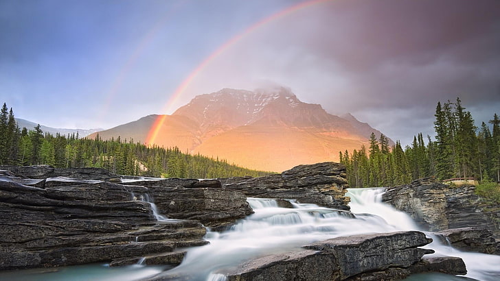 nature, wilderness, rainbow, water, sky, reflection, mountain, national park, morning, geological phenomenon, phenomenon, mount scenery, waterfall, water feature, landscape, cascade, HD wallpaper