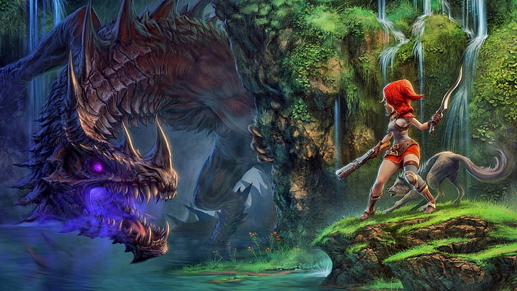 dragon, fantasy art, Little Red Riding Hood, HD wallpaper