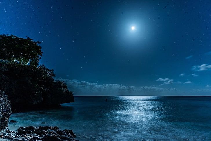 beach, blue, Caribbean, island, landscape, Moon, moonlight, nature, sea, Starry Night, HD wallpaper