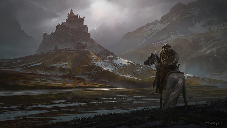persona montando a caballo cerca del fondo de pantalla digital del castillo de montaña, The Elder Scrolls V: Skyrim, Whiterun, nieve, montañas, caballo, espada, escudo, castillo, videojuegos, The Elder Scrolls, ciudad de fantasía, Dragonsreach, Fondo de pantalla HD