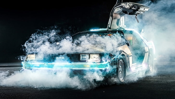 green vehicle wallpaper, Back to the Future, DeLorean, time travel, car, movies, smoke, cyan, black, night, HD wallpaper