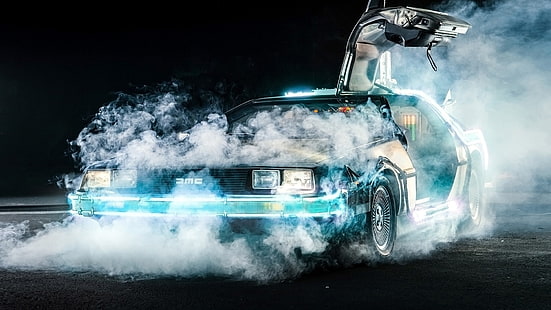 green vehicle wallpaper, Back to the Future, DeLorean, time travel, car, movies, smoke, cyan, black, night, HD wallpaper HD wallpaper