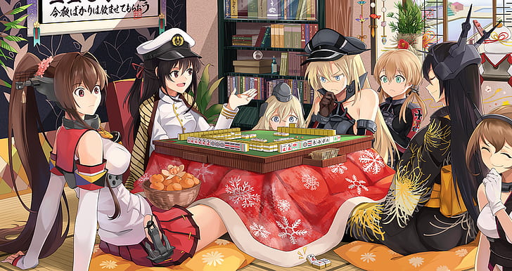 Anime, Sammlung Kantai, Bismarck (KanColle), Mutsu (KanColle), Nagato (KanColle), Prinz Eugen (KanColle), Yamato (KanColle), U-511 (KanColle), Mahjong, HD-Hintergrundbild