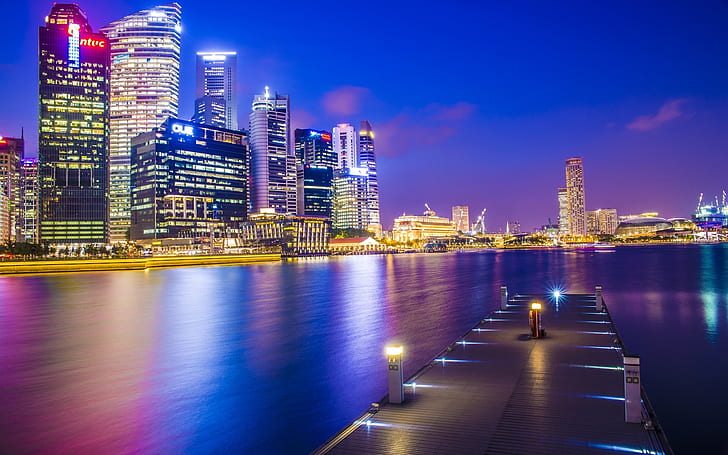 Singapore, Asia city, night, dock, skyscrapers, lights, Singapore, Asia, City, Night, Dock, Skyscrapers, Lights, HD wallpaper