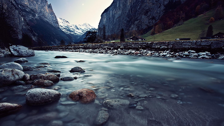 Швейцария, вода, природа, водоем, долина, скала, река, планина, небе, поток, пейзаж, Алпи, HD тапет
