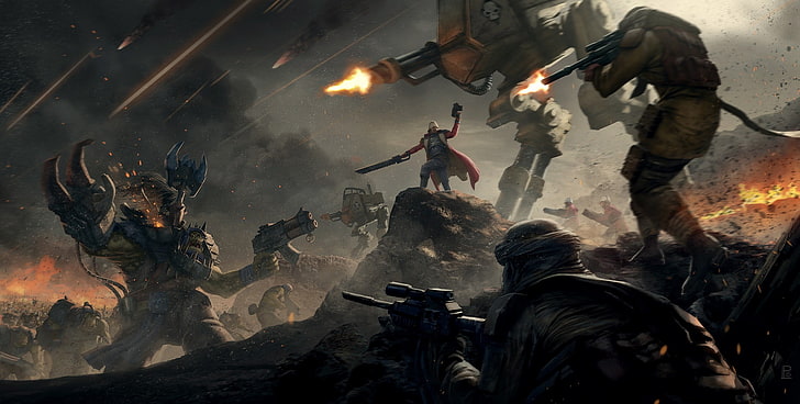 game digital wallpaper, futuristic, Warhammer 40,000, war, soldier, artwork, gun, battle, Warhammer, orks, HD wallpaper