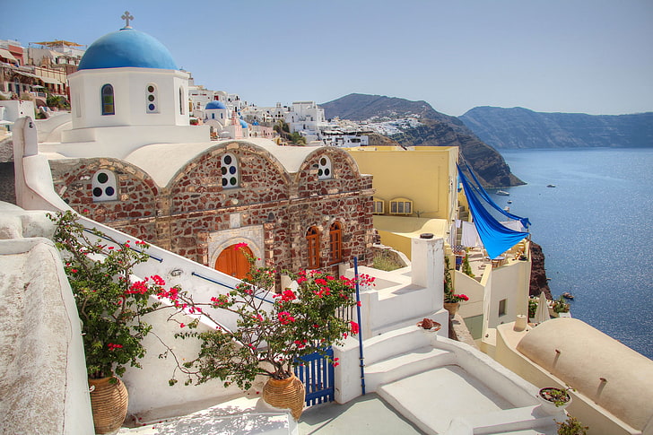 Santorini, Griechenland, Meer, der Himmel, Blumen, Berge, Haus, Santorini, Griechenland, Yard, Kirche, HD-Hintergrundbild
