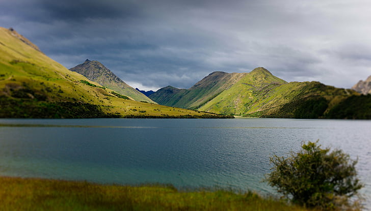 body of water across mountains during cloudy daytime, NZ, Explore, body of water, mountains, cloudy, daytime, Leica  M9, atmosphere, montain, new zealand, outdoor, picture, sky, south, stone, Flickr, photo, image, pixels, julien, pinterest, search, tag, wow, art, landscape, nature, mountain, outdoors, scenics, water, lake, summer, green Color, grass, HD wallpaper