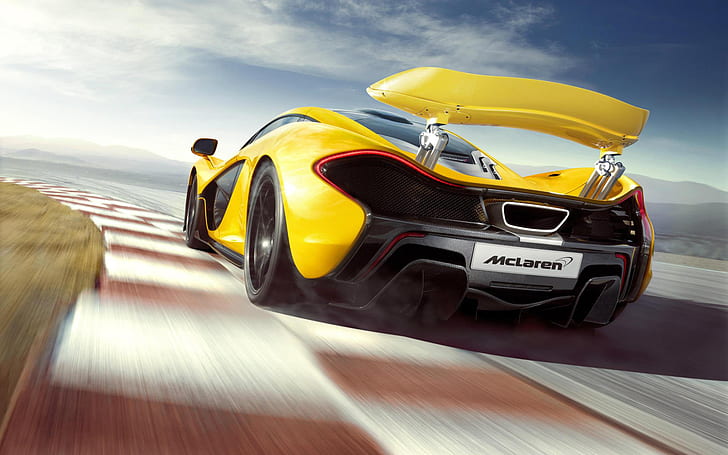 Amarillo McLaren P1 trasero en carrera, amarillo, trasero, carrera, mclaren, autos, Fondo de pantalla HD