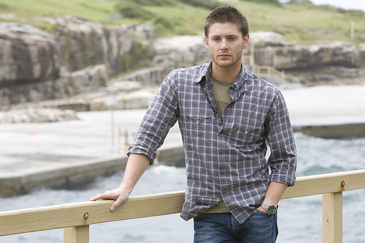 chemise pour homme à carreaux gris et noir, montre, acteur, mâle, la série, Supernatural, Jensen Ackles, Dean Winchester, chemise à carreaux, Fond d'écran HD