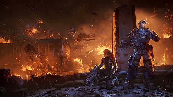 불타는 도시 애니메이션 디지털 벽지, Gears of War 판단, 사수, Gears of War, GoW, Xbox, 리뷰, 스크린 샷, 게임 플레이, HD 배경 화면 HD wallpaper
