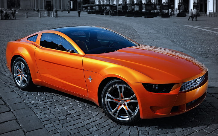 Ford Mustang orange coupé, gué, mustang, mouvement, rue, Fond d'écran HD