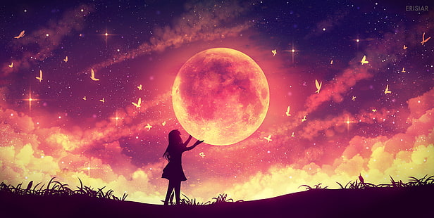 Moon, anime girls, anime, HD wallpaper HD wallpaper