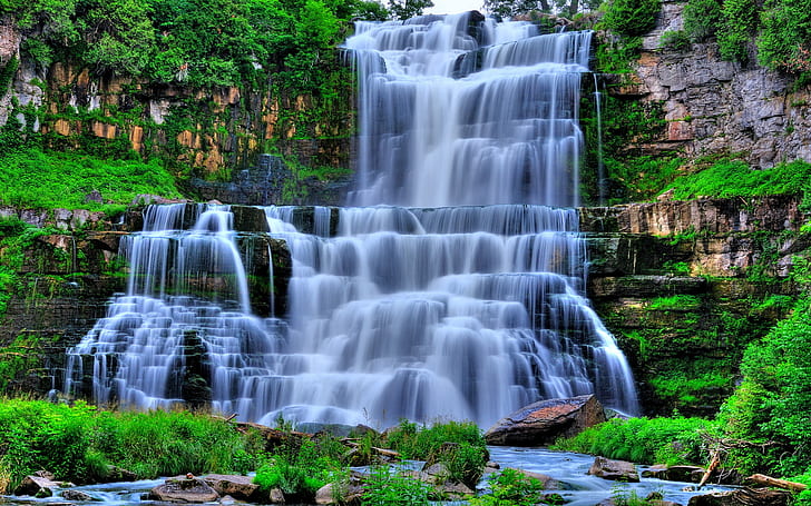 Waterfalls, Waterfall, Cliff, Forest, Green, Rock, HD wallpaper