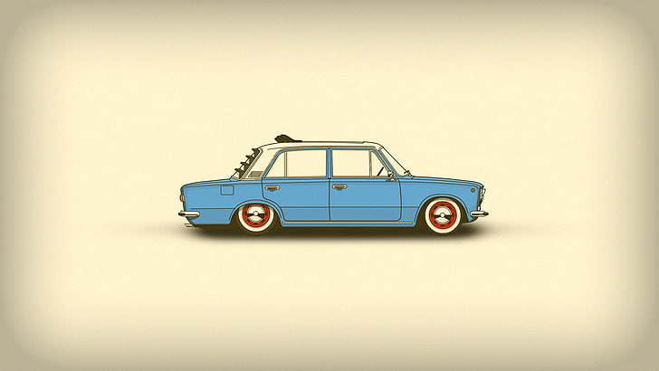 синя седанова илюстрация, кола, сини коли, минимализъм, HD тапет