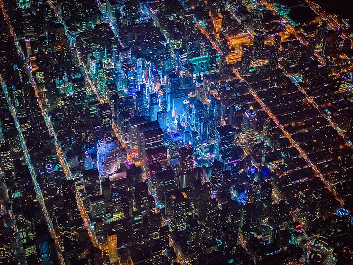 New York City, Times Square, USA, night, city, aerial view, cityscape, lights, HD wallpaper