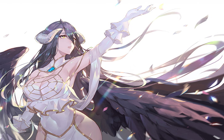 anime, anime girls, Overlord (anime), Albedo (OverLord), white background, simple background, long hair, dark hair, horns, demon horns, demon girls, yellow eyes, white dress, gloves, white gloves, elbow gloves, wings, Black wings, armpits, navels, looking into the distance, HD wallpaper