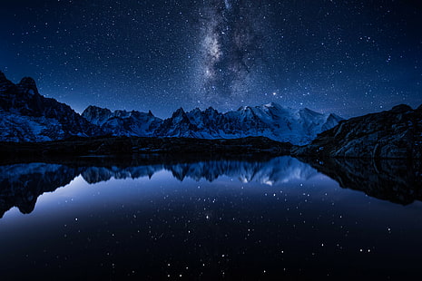 الفضاء ، النجوم ، الجبال ، البحيرة ، الانعكاس ، المرآة ، درب التبانة، خلفية HD HD wallpaper