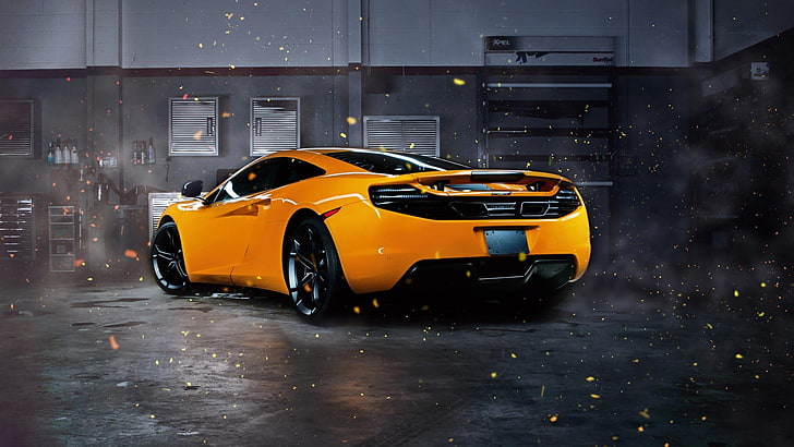жълт луксозен автомобил, McLaren, автомобил, McLaren MP4-12C, оранжев, ефекти, суперавтомобили, HD тапет