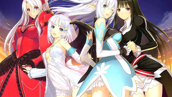 Tony Taka, robe, ailes, Shining Ark, Shining series, Kilmaria Aideen, Panis Angelicus, anime, anime girls, cheveux blancs, cheveux longs, looking at viewer, smiling, Fond d'écran HD