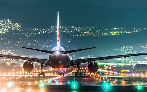 gray airplane, white airplane at airport during nighttime, landscape, night, airplane, lights, airport, hills, runway, Japan, Osaka, wings, turbine, cityscape, rear view, passenger aircraft, HD wallpaper HD wallpaper