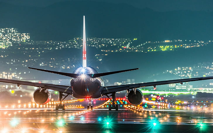 взлетно-посадочная полоса, ночь, огни, вид сзади, холмы, аэропорт, пейзаж, городской пейзаж, Япония, турбина, самолет, пассажирский самолет, Осака, крылья, HD обои