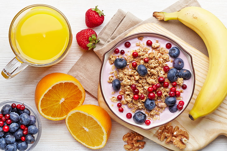 bowl of cereals with blueberries, orange, milk, blueberries, strawberry, juice, Cup, fruit, banana, currants, blueberry, yogurt, Breakfast, walnut, currant, granola, cereal, HD wallpaper