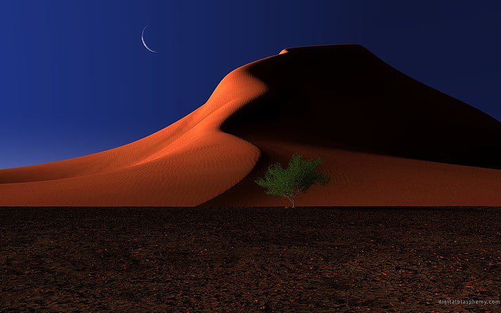 red and black plastic bed frame, desert, Moon, night, trees, dune, nature, landscape, HD wallpaper