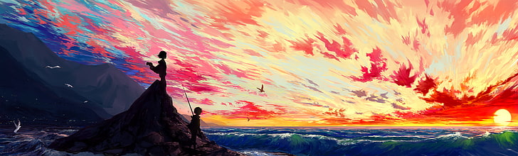 silueta de formación rocosa sobre el agua en la hora dorada pintura, ilustración, cielo, arte de fantasía, Fondo de pantalla HD
