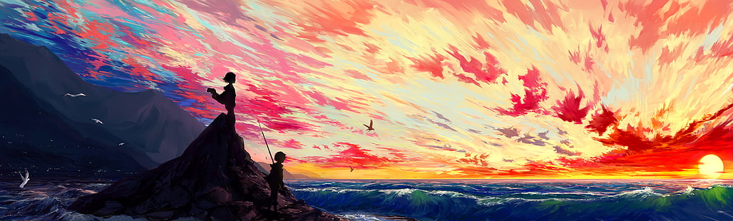 silhouette de formation rocheuse sur l'eau à l'heure d'or peinture, œuvres d'art, illustration, ciel, art fantastique, Fond d'écran HD HD wallpaper