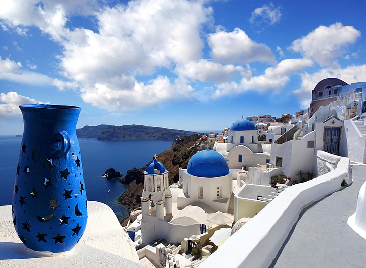 costruzioni in cemento bianco e blu, mare, paesaggio, natura, casa, Santorini, Grecia, Sfondo HD