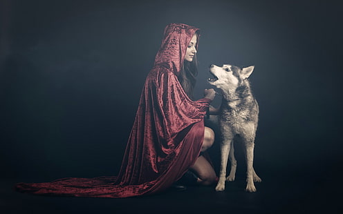 женщины, животные, волк, красная шапочка, HD обои HD wallpaper