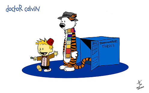Ilustracja Doctor Calvin, Calvin and Hobbes, komiks, Doctor Who, proste tło, TARDIS, Tapety HD HD wallpaper