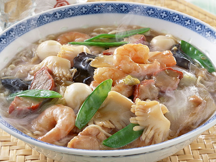 shrimp soup with vegetable, soup, seafood, meat, useful, HD wallpaper