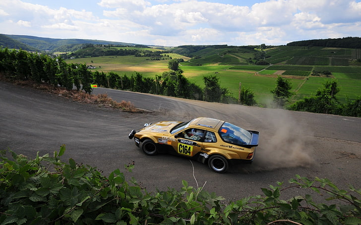 yellow rally coupe, nature, sport, Drift, Rally, Porsche 944, HD wallpaper