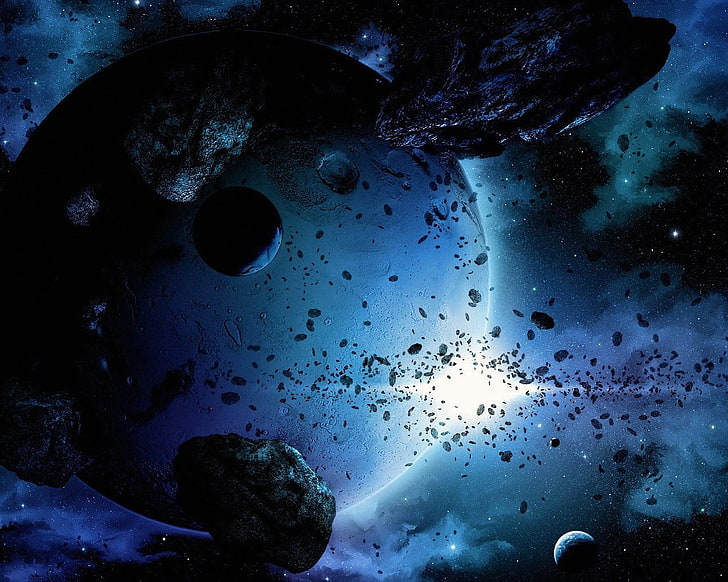 синя планета с астероиди цифров тапет, космос, HD тапет