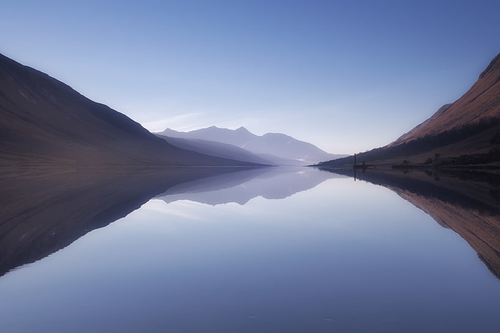 Kabut, Gunung, Lansekap, Refleksi, Loch Etive, 4K, 8K, Ketenangan, Danau, Wallpaper HD