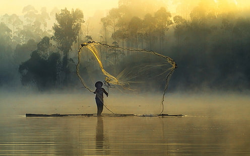 beige fish net, nature, landscape, mist, forest, fisherman, fishing nets , river, trees, boat, water, HD wallpaper HD wallpaper