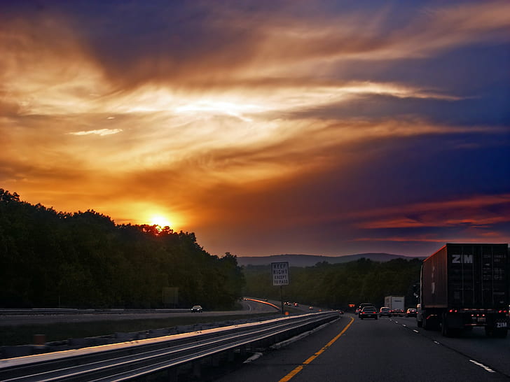 red container van on highway at sunset, Homeward, red, container, van, highway, sunset, New Jersey, Warren County, Interstate 80, I-80, road, commute, commuting, sky, clouds, altostratus, dusk  summer, low light, creative commons, transportation, traffic, multiple Lane Highway, travel, dusk, HD wallpaper