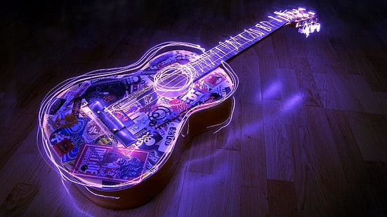 гитара, светодиодные фонари, 3d, HD, музыка, HD обои HD wallpaper