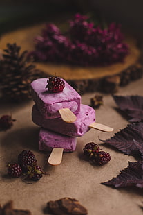 three purple ice drops, ice-cream, raspberry, berries, dessert, HD wallpaper HD wallpaper