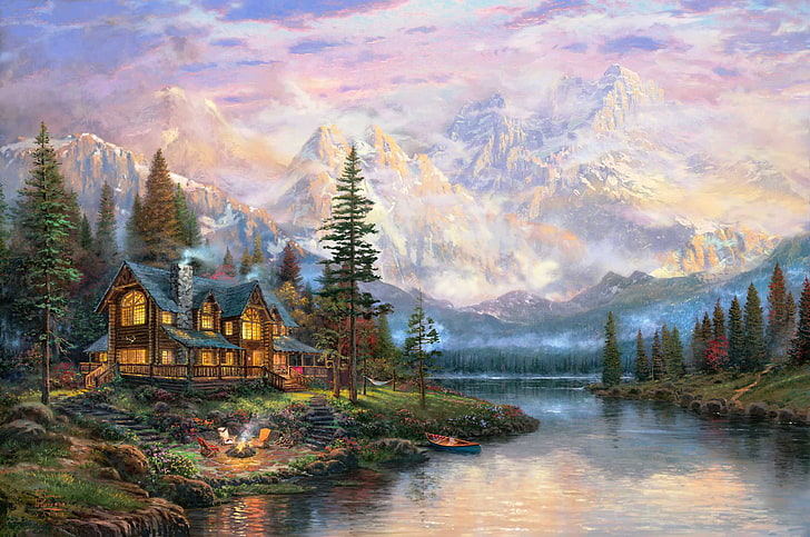cavern near body of water, forest, mountains, fog, house, river, fire, boat, chairs, cross, the fire, hammock, painting, deer, cottage, Thomas Kinkade, Cathedral Mountain Lodge, HD wallpaper