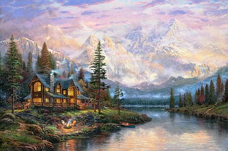 cavern near body of water, forest, mountains, fog, house, river, fire, boat, chairs, cross, the fire, hammock, painting, deer, cottage, Thomas Kinkade, Cathedral Mountain Lodge, HD wallpaper HD wallpaper