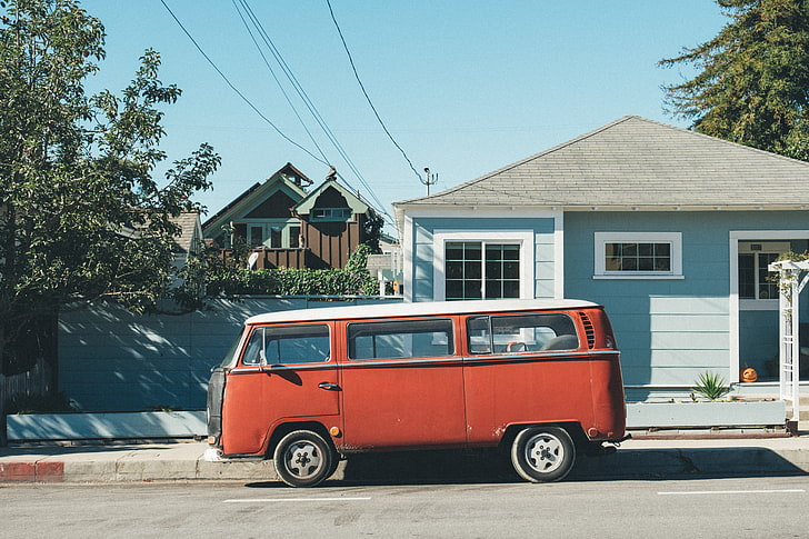 Volkswagen, red, car, house, trees, street, HD wallpaper