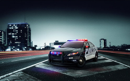 черная полицейская машина, дорога, форд, перехватчик, полиция, HD обои HD wallpaper